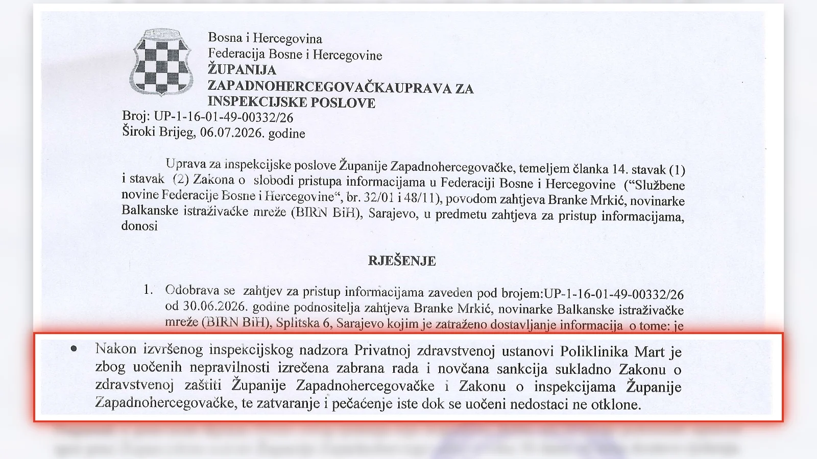 Rješenje o zabrani rada poliklinike Mart. Klikni za cijeli dokument (PDF).