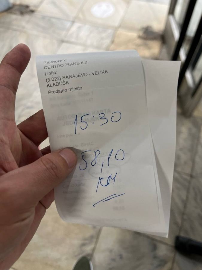 Autobuska karta Centrotransa, linija Sarajevo – Velika Kladuša, odredište Bihać, 58,10 KM