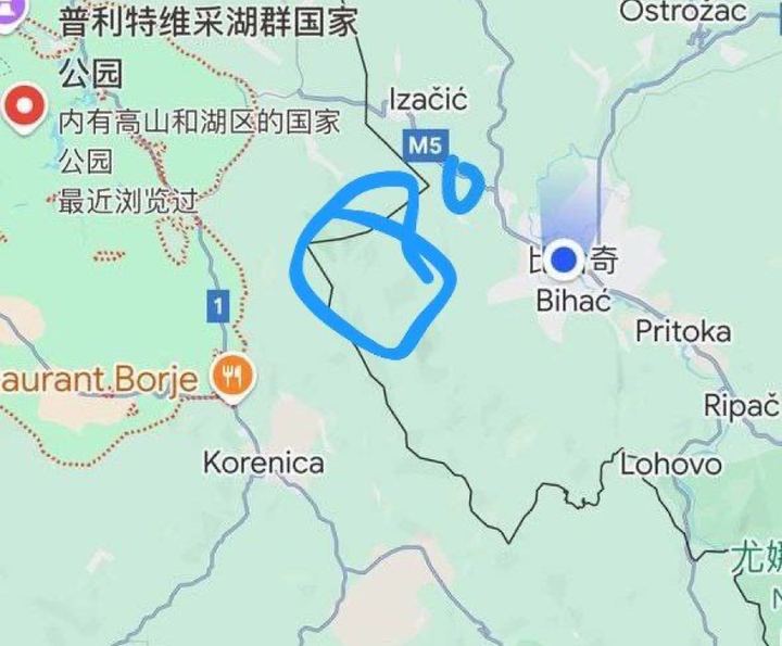 Mapa s ucrtanim putem od Bihaća preko granice prema Hrvatskoj