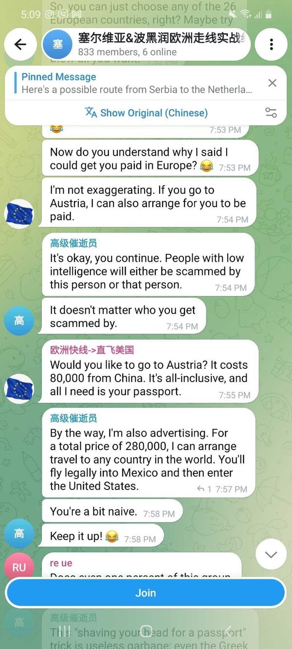 Snimak ekrana Telegram grupe: ponuda puta od Kine do Austrije za 80.000, sve uključeno, uz automatski prevod na engleski
