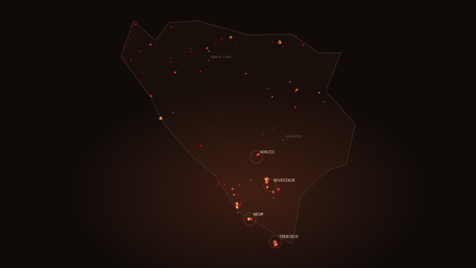Mapa Bosne i Hercegovine sa 1.292 satelitske detekcije toplote, 1–13. avgust 2026.