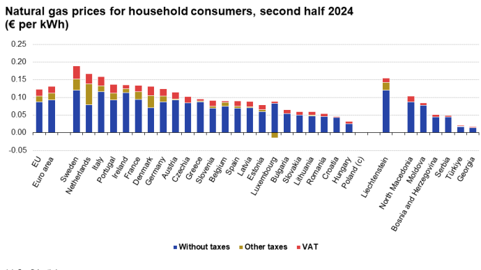 Cijena prirodnog gasa za domaćinstva u drugoj polovini 2024. godine. Foto: Eurostat