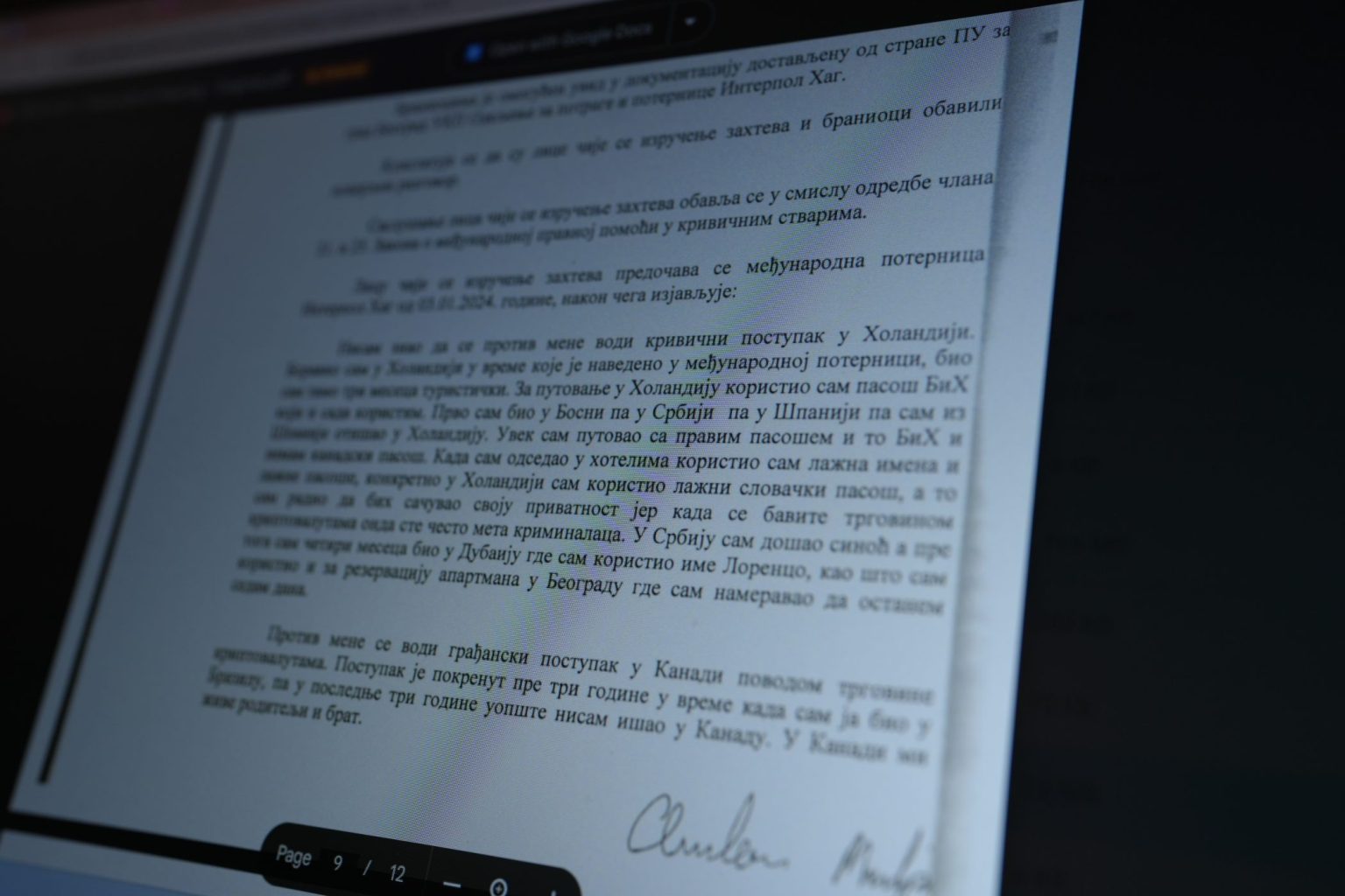 Andeanovo svjedočenje pred sudom u Beogradu tokom ročišta o izručenju. Foto: Detektor