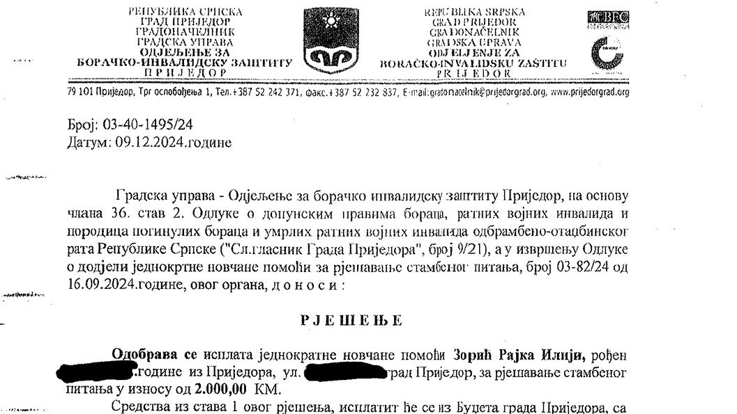 Faksimil rješenja Grada Prijedora kojim se osuđenom Zoriću odobrava pomoć iz budžeta. Foto: Detektor